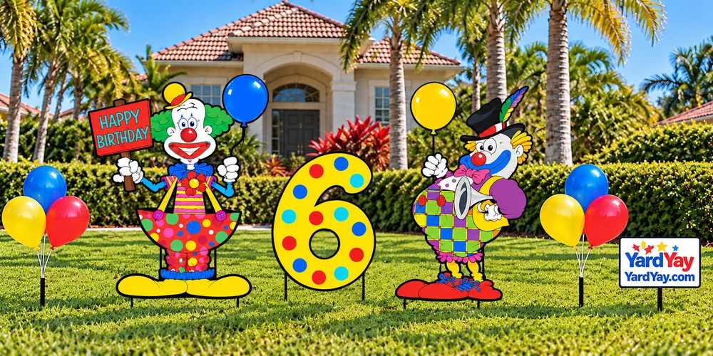 Deluxe Clown Celebration with two clowns, oversized age number and ground-staked balloon clusters