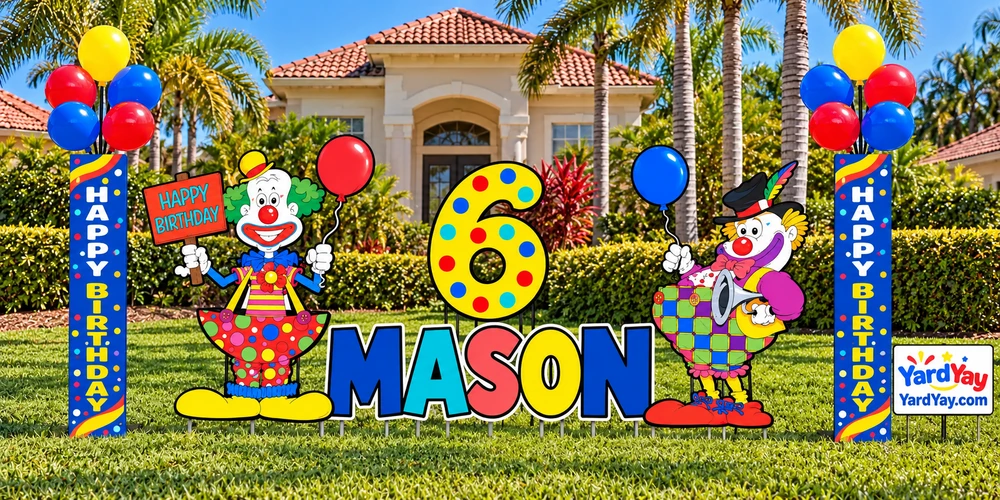 Ultimate Clown Takeover with two clowns, personalized name, age number and balloon towers