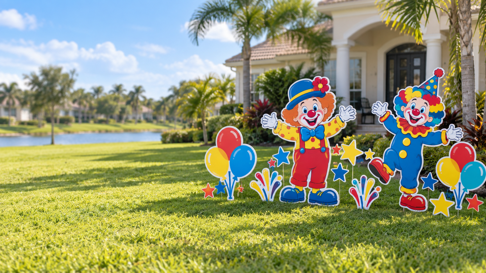 Colorful birthday clown yard display installed on a sunny Florida lawn